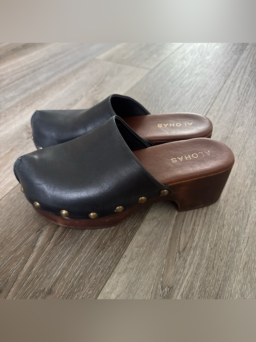Alohas Womens Harley Studded Leather Wooden Platform Clogs Black Brown Size 38 - Picture 4 of 7